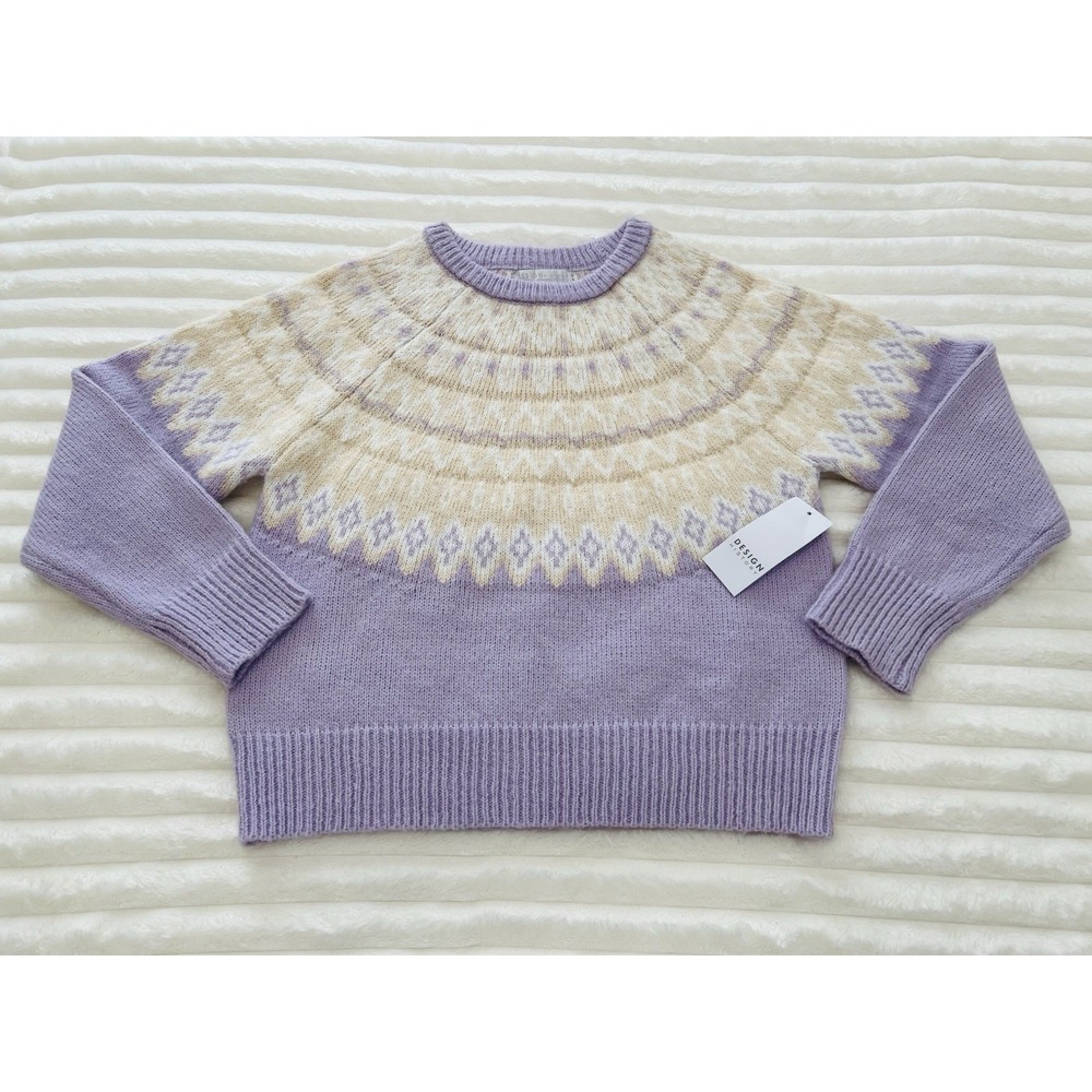 DESIGN HISTORY Womens Fairisle Crew neck Sweater Soft Plush Lavender MSRP $168 M